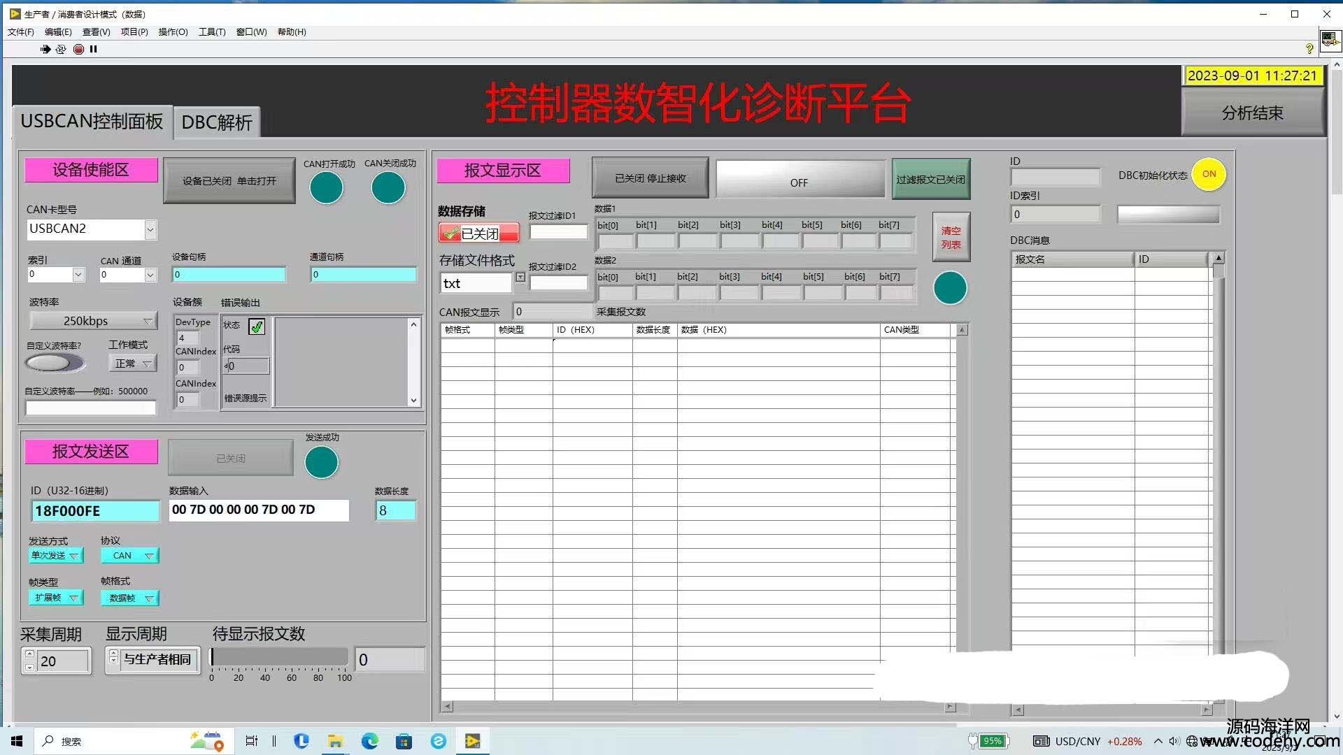 9223-Դ�뷢����labviewCANͨѶ��can���ķ���������Labview������USBCAN���߲ɼ����洢������������dll��CAN���Ľ�����DBC����C