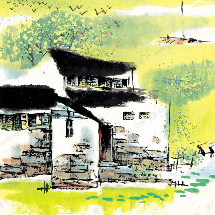 春天江南水乡风景水墨画_古镇国画素材高清大图素材1