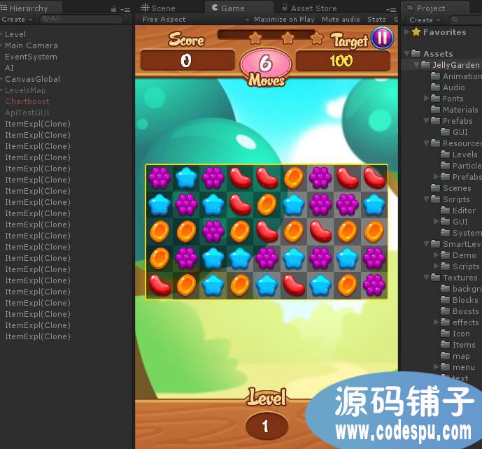 unity三消游戏《果冻花园》源码v1.6 Unity5.3.3 以上版本打开