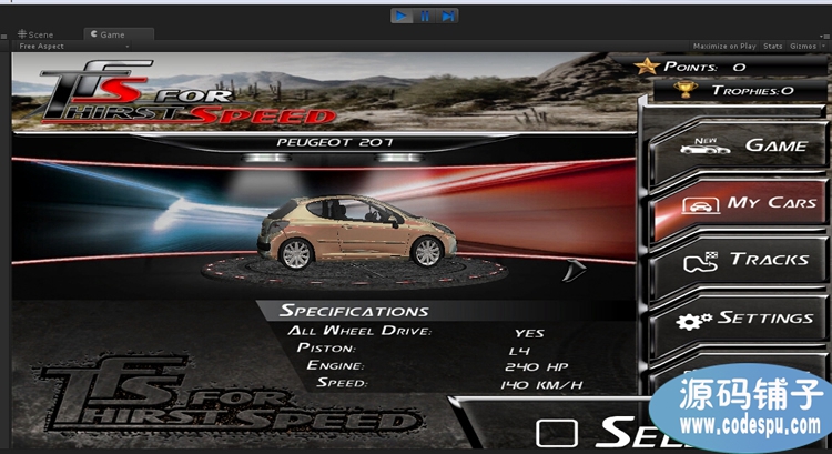 Unity 3D《极品狂暴飞车》游戏源码_unity5.2版本实测可用